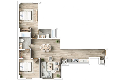 A floor plan of a house with a living room, dining room, kitchen, and two bedrooms.